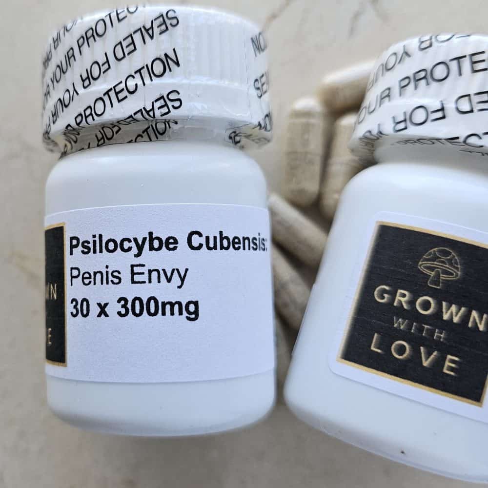 Penis Envy Mushroom Supplement Bottle Psilocybe Cubensis Capsules Envy magic mushroom for psychedelic experiences.