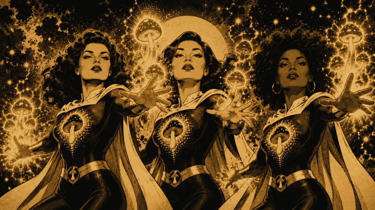 Comic book illustration of a female superhero harnessing the power of psilocybin mushrooms — psilocybin and women