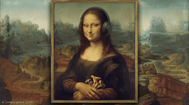 Alt text : Mona Lisa wearing headphones and holding mushrooms, a playful take on psilocybin meditation